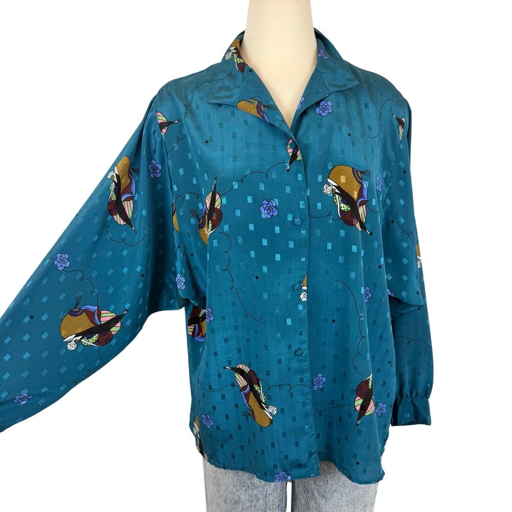 Diane von Furstenberg 80s Satin Button-Down Shirt Teal Blue Lady Novelty Print L